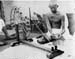 Gandhi at the spinning wheel, Sabarmati Ashram, 1925